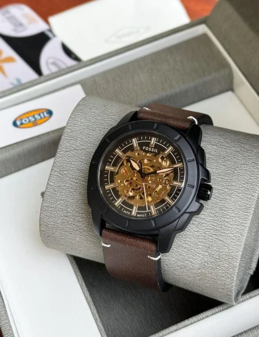 FOSSIL BRONSON [AUTOMATIC] GOLDEN BLACK CHOCOLATY LEATHER WATCH