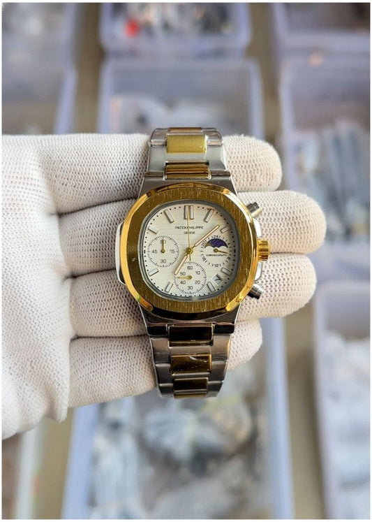 Patek_philippe Nautilus Steel Sun Moon 2Ton-Gold-White